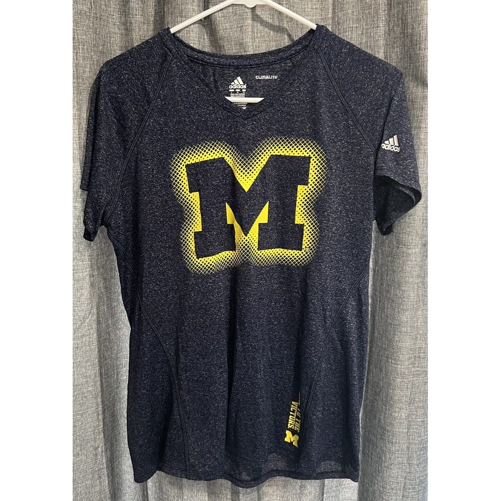 Adidas Women's Large V-Neck Blue Michigan Wolverines Short Sleeve Climalite